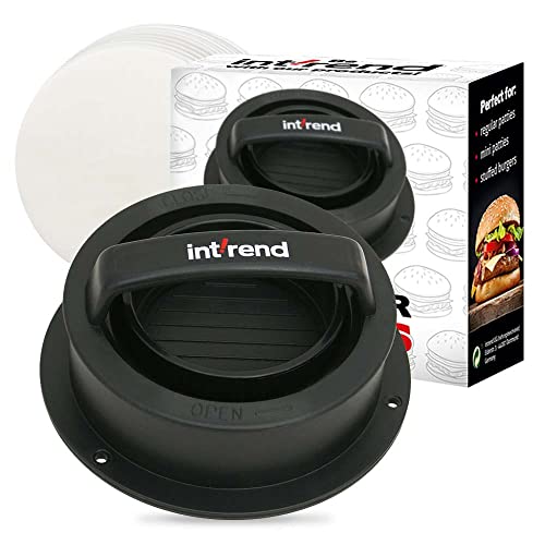 int!rend Burgerpresse 3 in 1 + 60 Backpapiere - DIY Burger Pattie Presse - Perfekter Burger Smasher für Hamburger - Schwarze Patty Bürger Presse für Küche & Grill