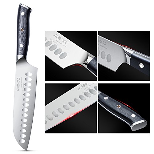 AURMOO Santoku Messer, Küchenmesser, 7.5 Inch Japanisches Kochmesser extrem Scharf Rostfrei Edelstahl Universalmesser mit ergonomisch geformter Griff