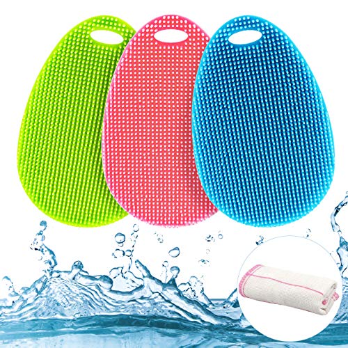 Gifort BAP Frei Küchenschwamm Silikon Schwamm, Food Grade Multi-Purpose Antibakterielle Silikon Scrubber Schwamm Reinigungsbürste Küche & Bad. (3 Pack Water Drop)